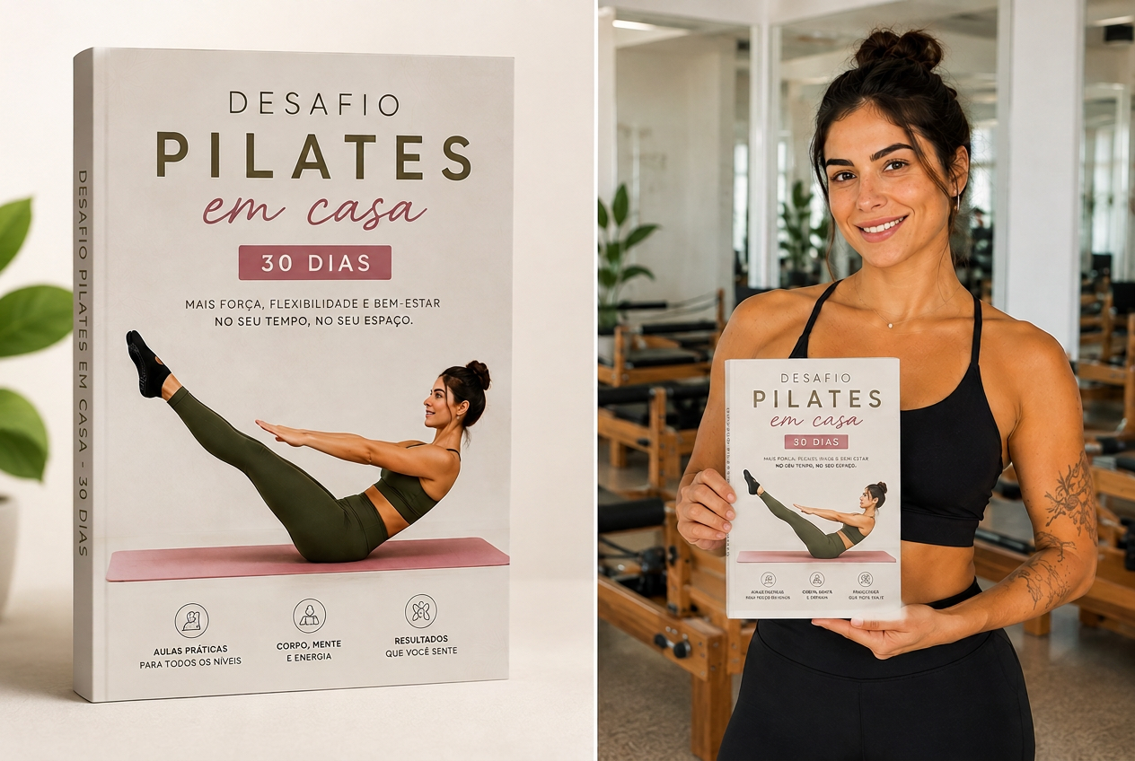 Materiais em PDF do Desafio Pilates em Casa — 30 Dias exibidos em mockup digital