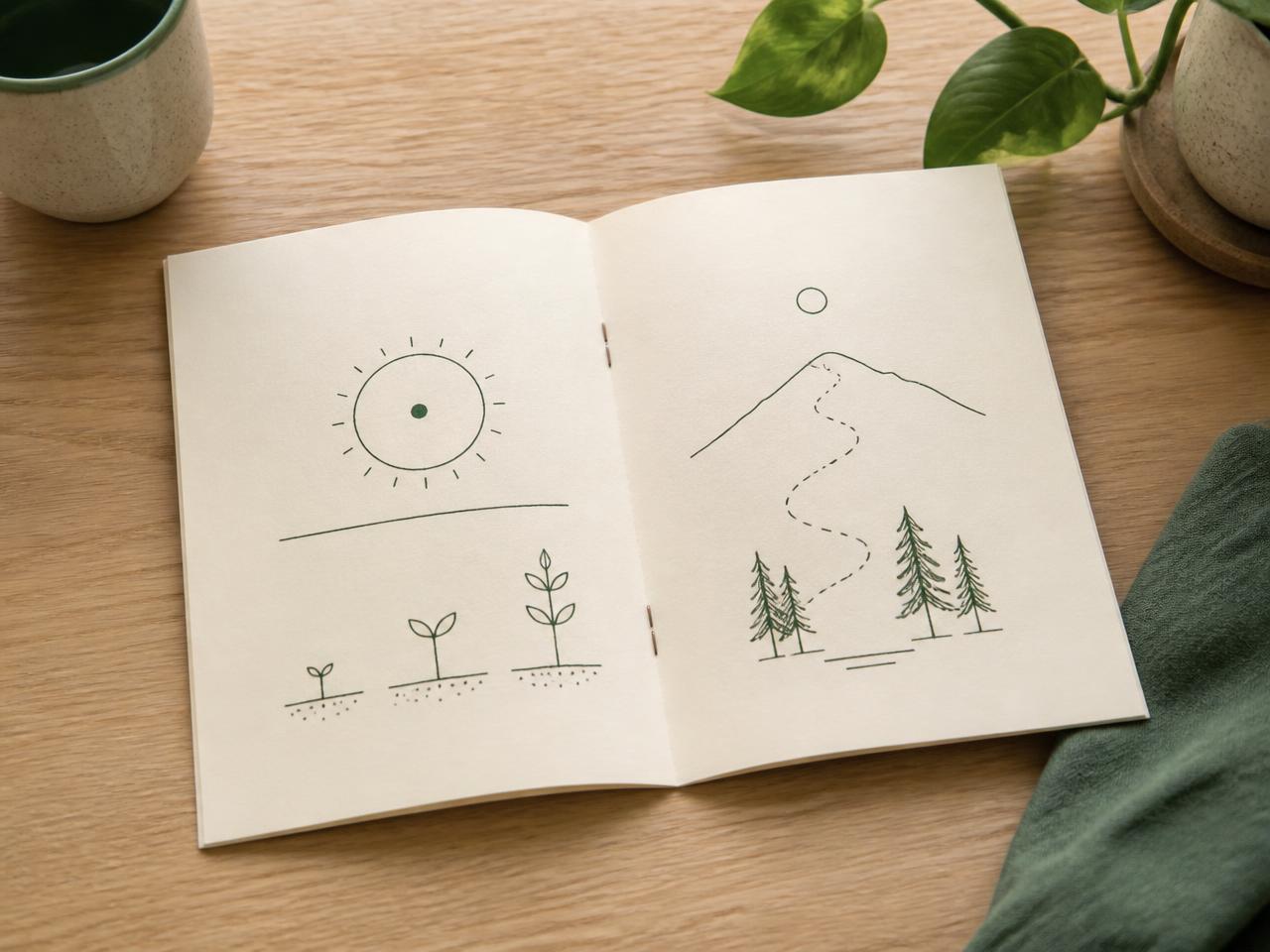 Cadernos impressos abertos sobre a mesa, mostrando páginas com ilustrações de movimento em traço simples
